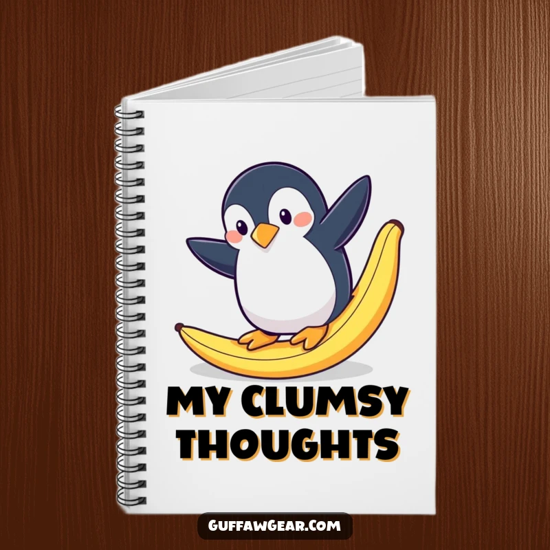 Funny notebook featuring a penguin dramatically slipping on a banana peel, perfect for jotting down dramatic notes.
