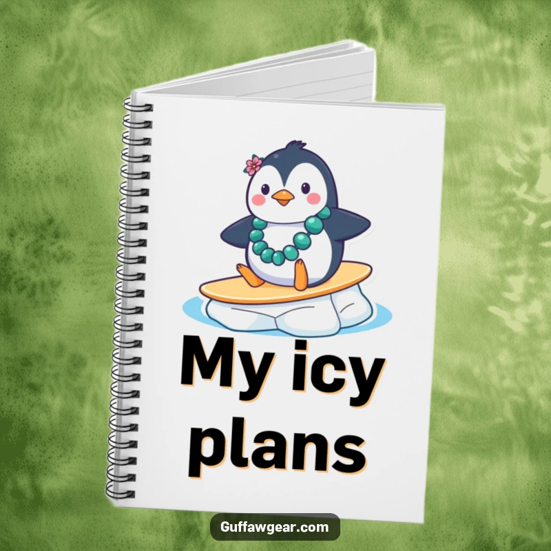 Funny Penguin Surf Notebook: A penguin with a lei comically slides down an ice floe, inspiring funny thoughts and creative writing.