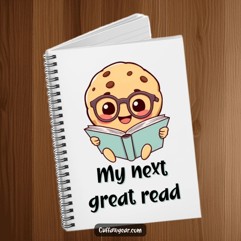 Funny smiling cookie character wearing tiny glasses, reading a giant book, featured on the cover of a notebook for capturing ideas.
