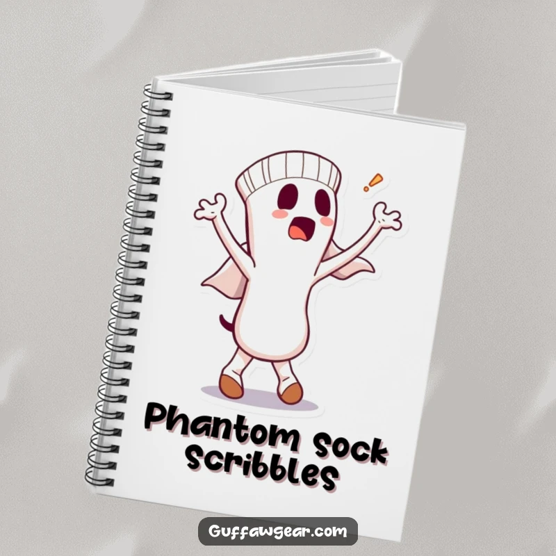 Funny notebook showcasing a dancing sock character with a bewildered ghost bursting out, perfect for taking notes with a humorous flair.
