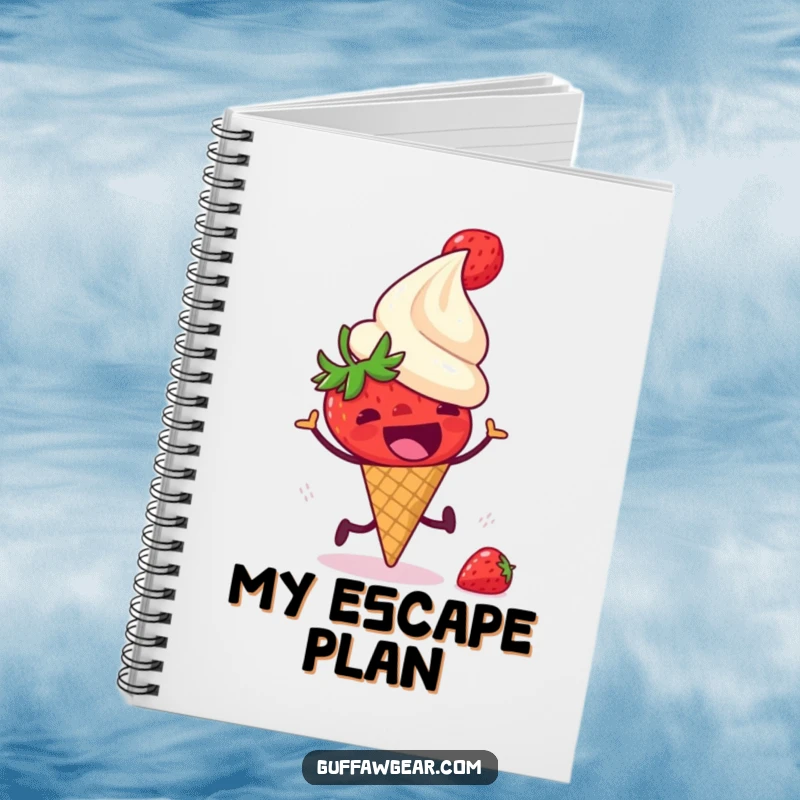 Funny notebook featuring a startled strawberry running from a laughing ice cream cone, perfect for recipe planning and sweet treat ideas.