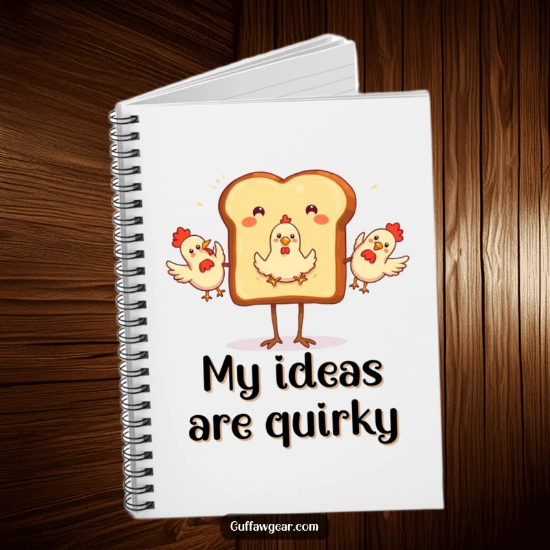 Funny Notebook with a toast slice on legs, hilariously juggling three rubber chickens, perfect for jotting down notes with humor.