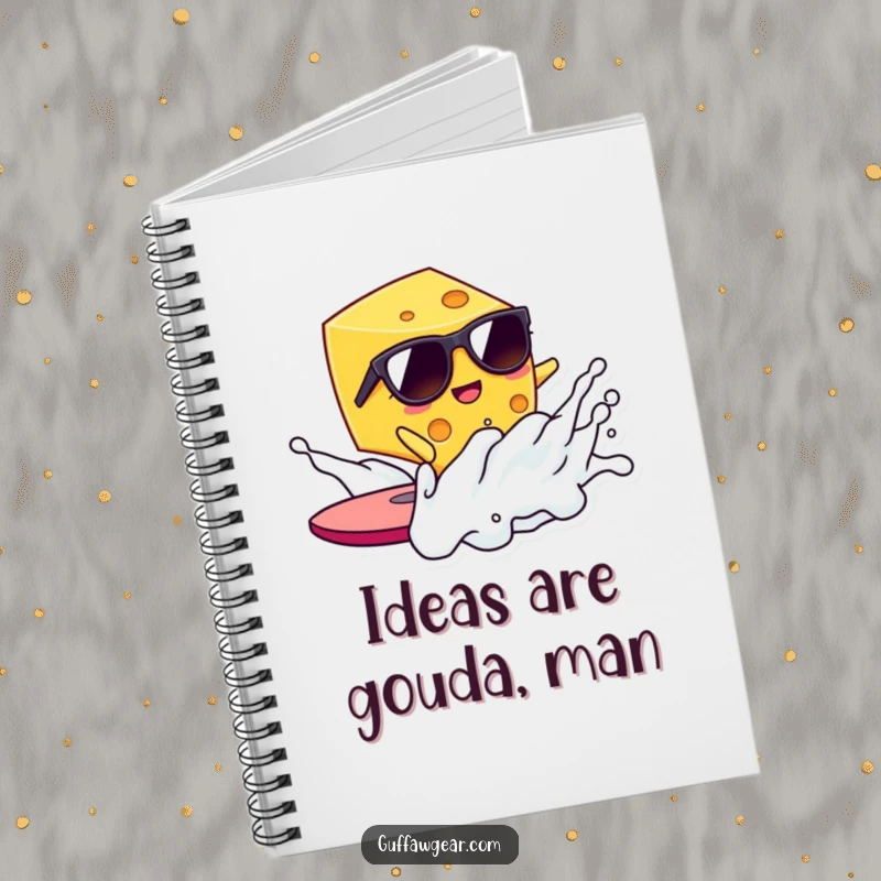 Funny Kawaii cheese in sunglasses surfs a milk wave, a humorous notebook for writing, journaling, and drawing.