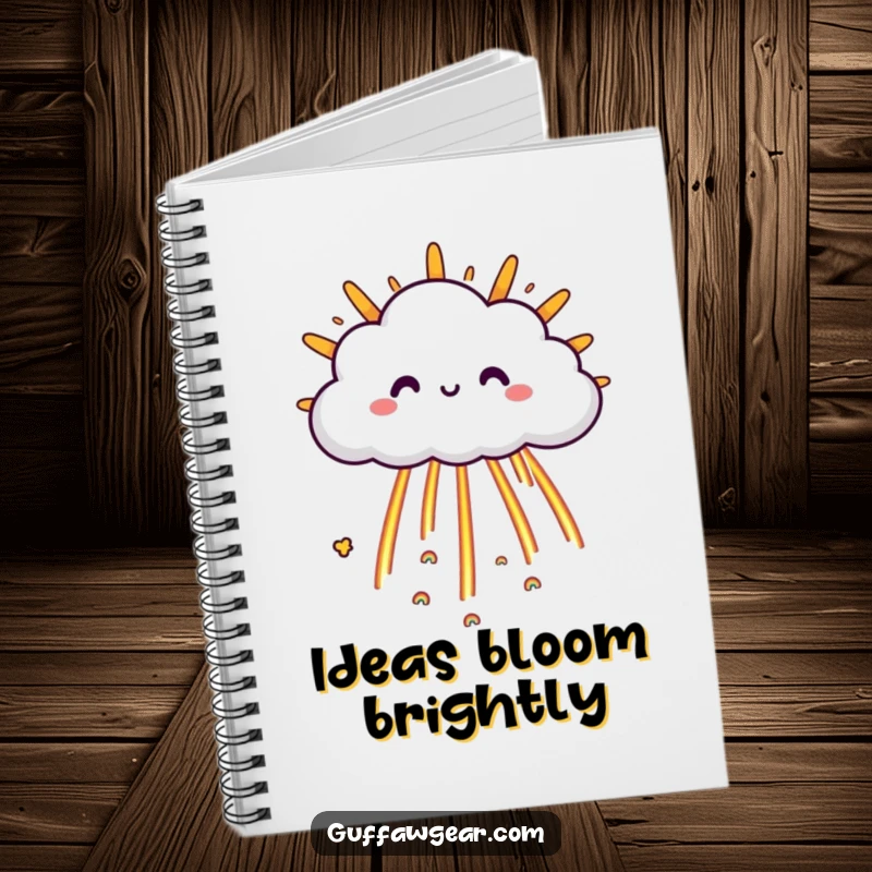 Funny Cloud Notebook: A happy cloud character raining tiny rainbows onto a grumpy sun, ideal for capturing bright ideas.