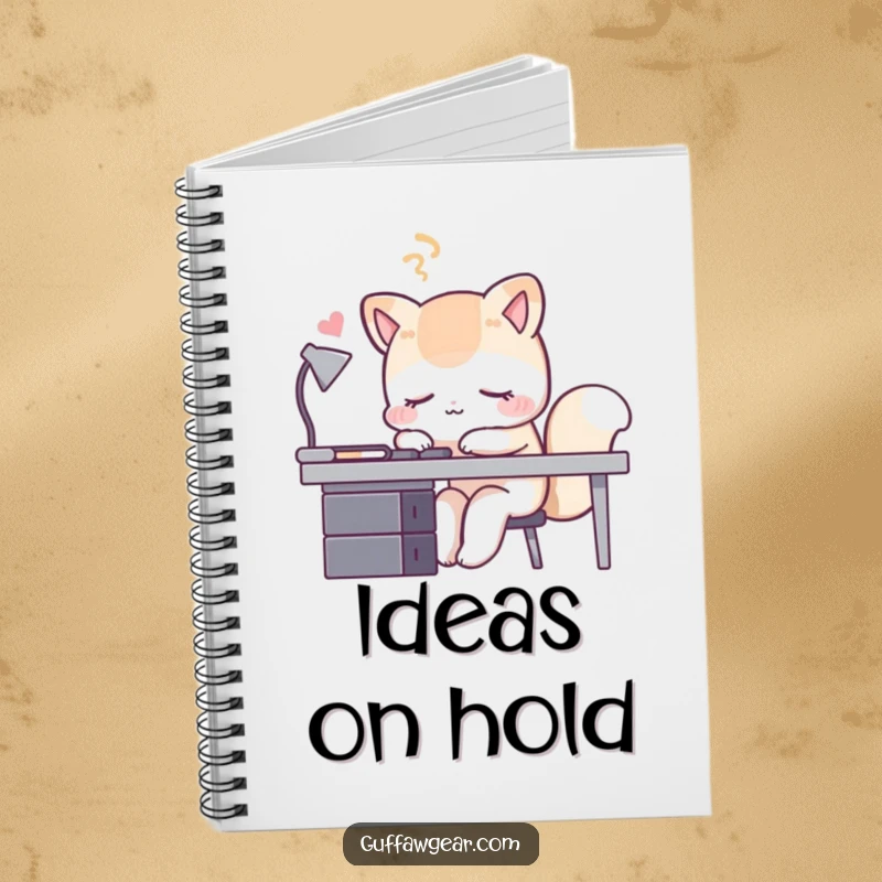 Funny sleeping fox notebook, featuring a fox dozing at its desk, perfect for jotting notes with a humorous touch.