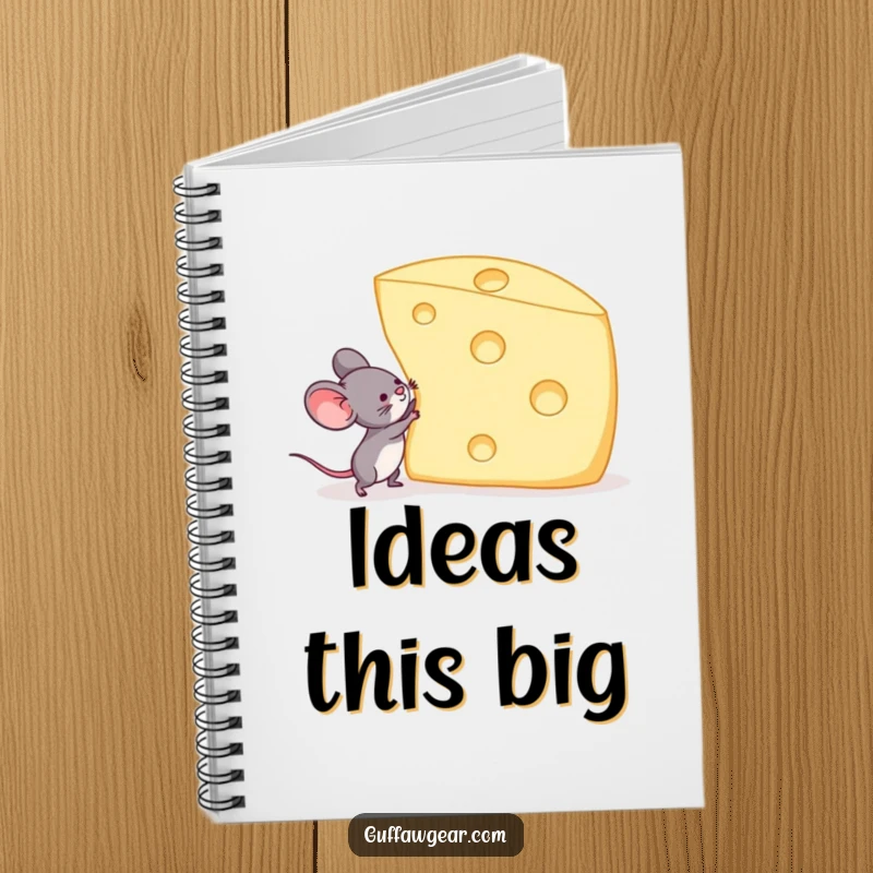 Funny notebook depicting a mouse trying to lift a large Swiss cheese wedge, great for planning and note-taking with humor.