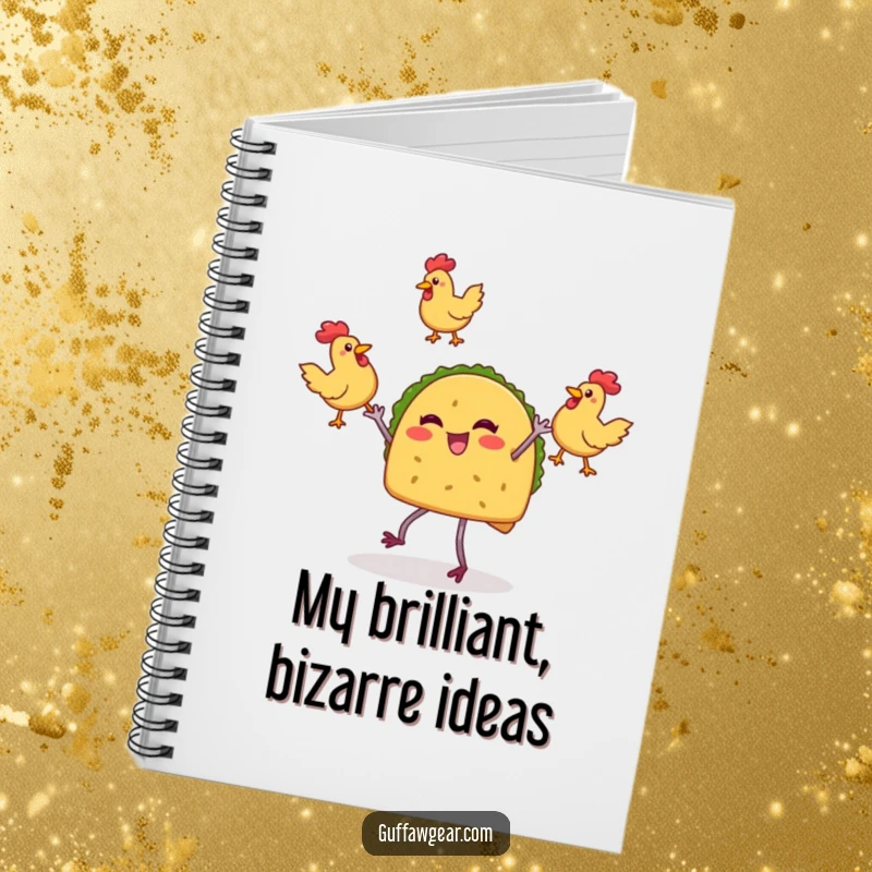 Funny notebook cover with a lively taco character on legs enthusiastically juggling rubber chickens, inspiring comical entries.