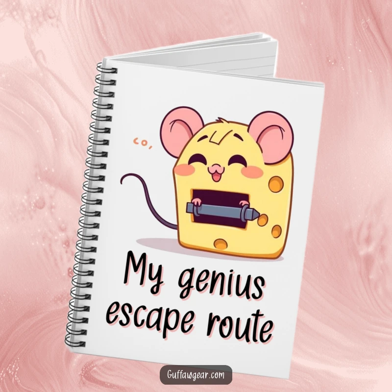 Funny notebook featuring a giggling cheese wedge character escaping a tiny mouse trap, ideal for writing notes with foodie humor.