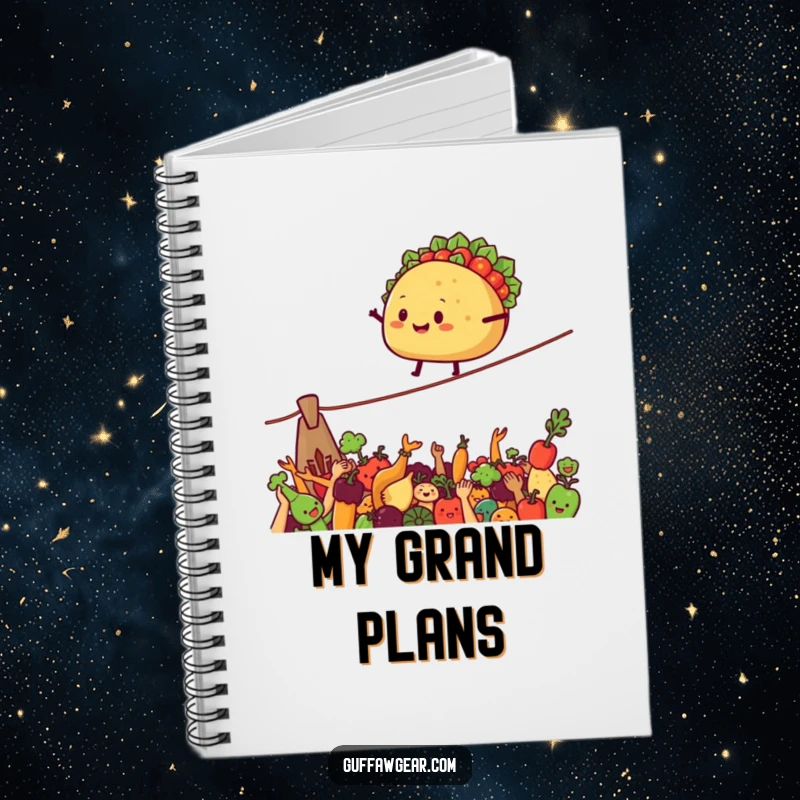 Funny Notebook with a smiling taco on a tightrope above cheering vegetables, ideal for food lovers.