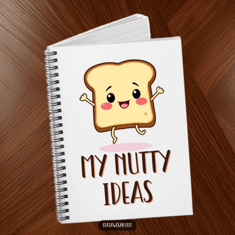 Funny slice of toast with legs doing a frantic dance on a notebook, designed for jotting down energetic thoughts and doodles.