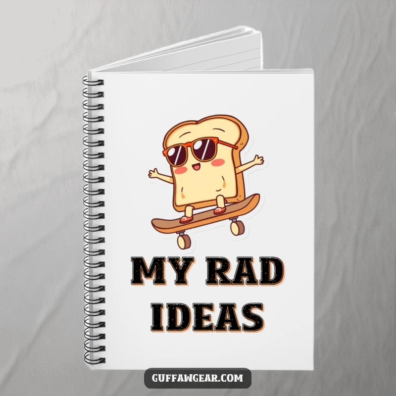 Funny notebook featuring a slice of toast wearing sunglasses, riding a skateboard, perfect for planning cool ideas and daily notes.