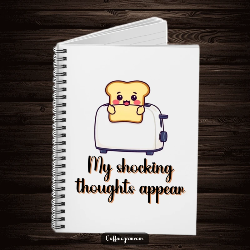 Funny notebook cover with a cheerful toast character popping out of a toaster with a surprised face, inspiring comical entries.