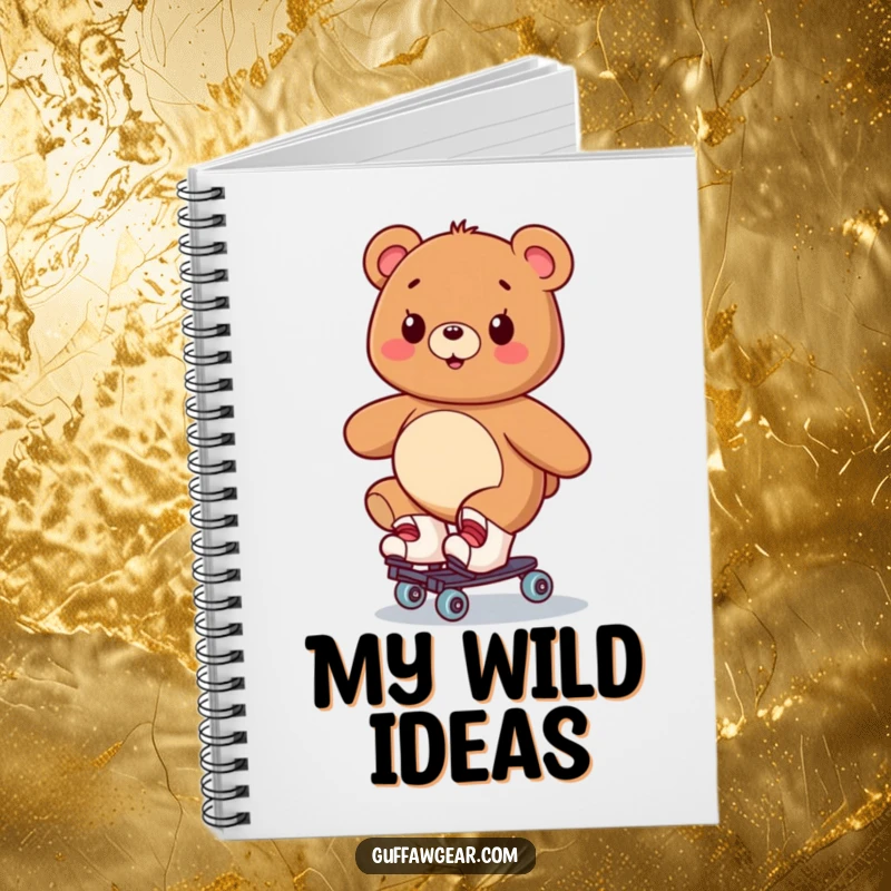 Funny notebook featuring a smiling bear on roller skates, happily wobbling, perfect for jotting down notes and ideas.