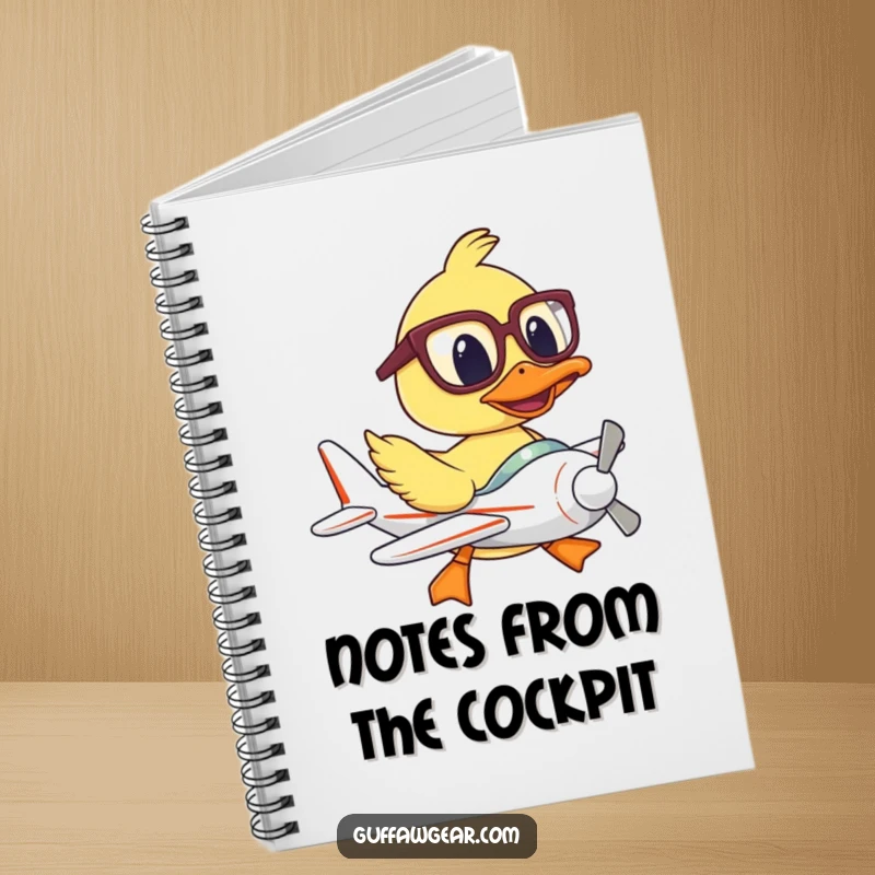 Funny notebook with a duck pilot wearing big glasses, hilariously struggling to fly a tiny plane, for all your notes.