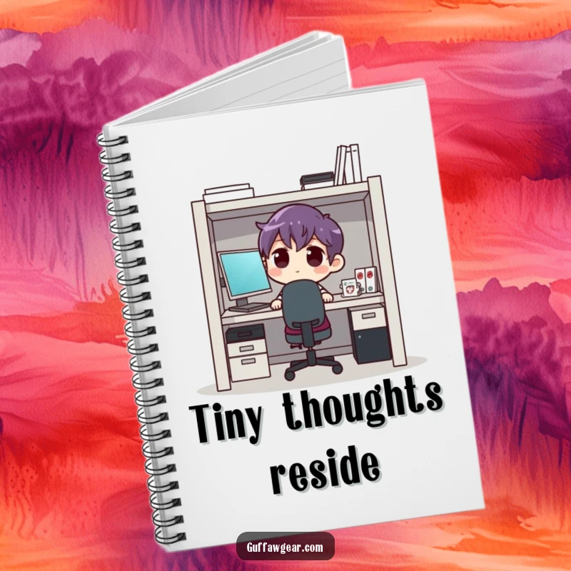 Funny cubicle life notebook, featuring a character comically squeezed into a tiny space, perfect for jotting notes with a humorous twist.