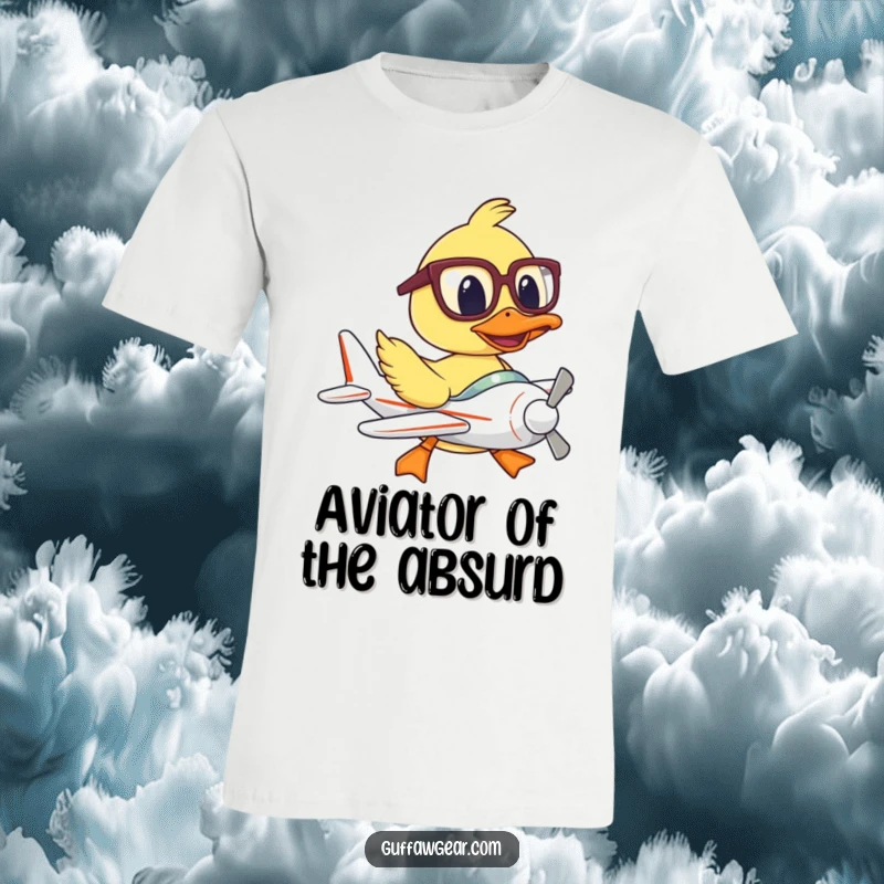 Funny t-shirt with a duck wearing oversized glasses, trying to fly a tiny plane, looking flustered and funny.