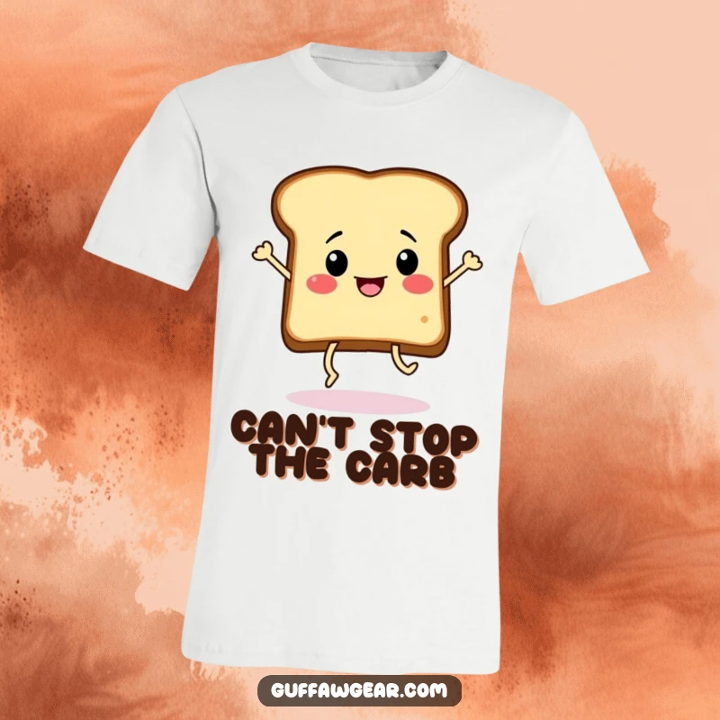 Funny slice of toast with legs performing a frantic dance on a t-shirt, capturing energetic breakfast fun and whimsical movement.