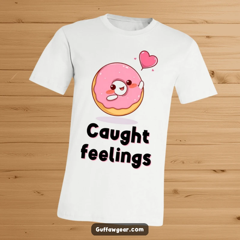 Funny T-Shirt of a blushing donut catching a flying candy heart, perfect for sweethearts.