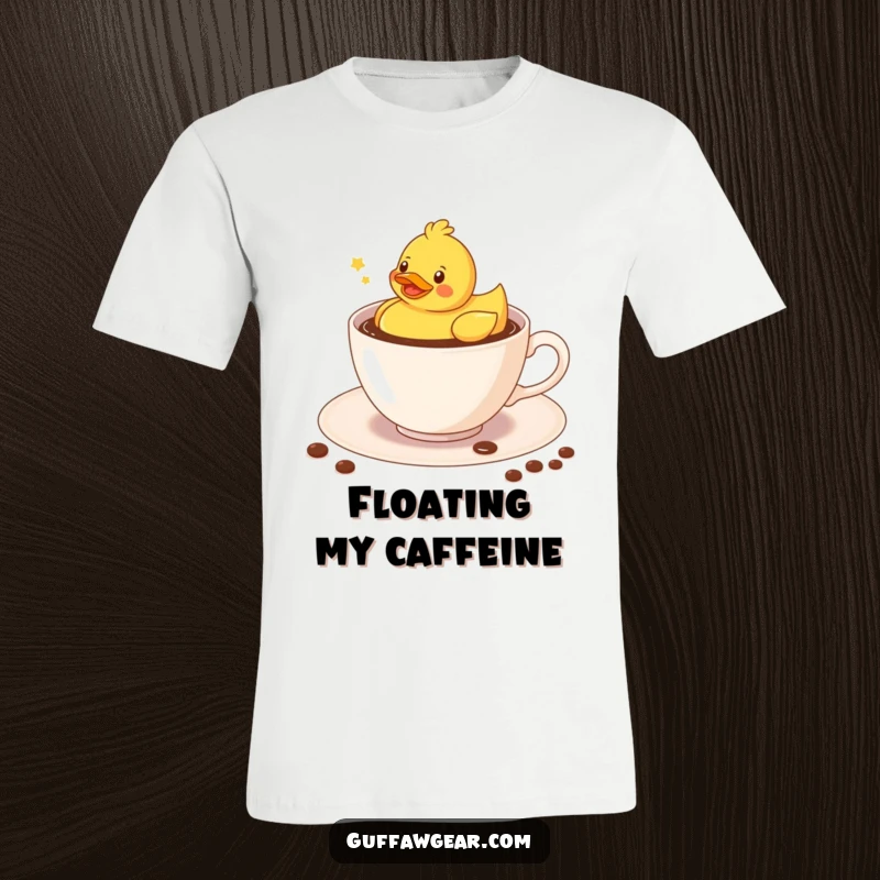 Funny Kawaii rubber duck floating merrily in a coffee-filled teacup, a humorous tee for duck and coffee lovers.