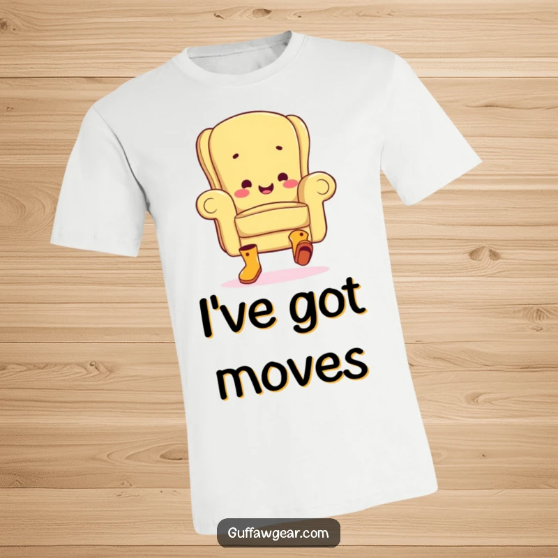 Funny t-shirt featuring a happy armchair in tiny boots, enthusiastically doing a clumsy jig, radiating pure joy and silliness.