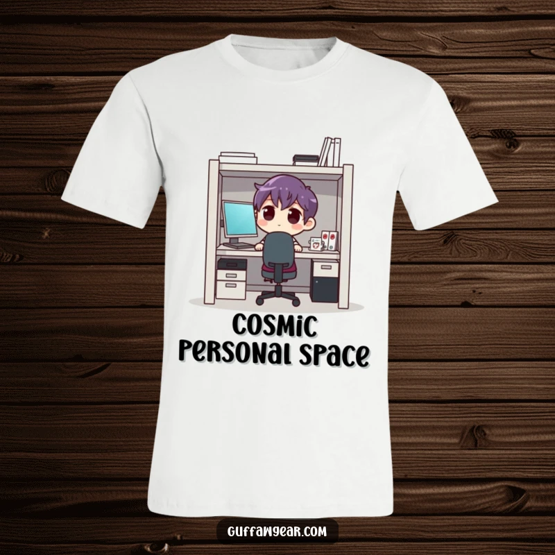 Funny character t-shirt depicting someone comically squished inside a tiny office cubicle, highlighting workspace limitations humorously.