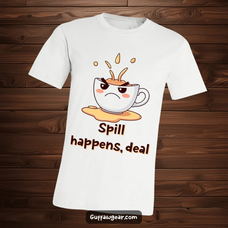 Funny T-Shirt of a grumpy teacup spilling its contents with a comical frown, ideal for humor lovers.