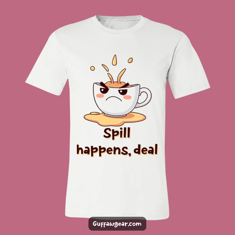 Funny Grumpy Teacup Spill T-Shirt - Comical Frown Shirt Gift for Coffee Addicts