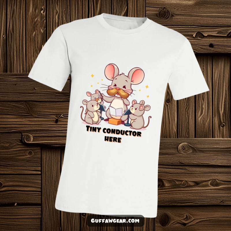 Funny Maestro Mouse T-Shirt: A mouse with a prominent mustache comically leads an orchestra of squeaky toys, showcasing musical hilarity.