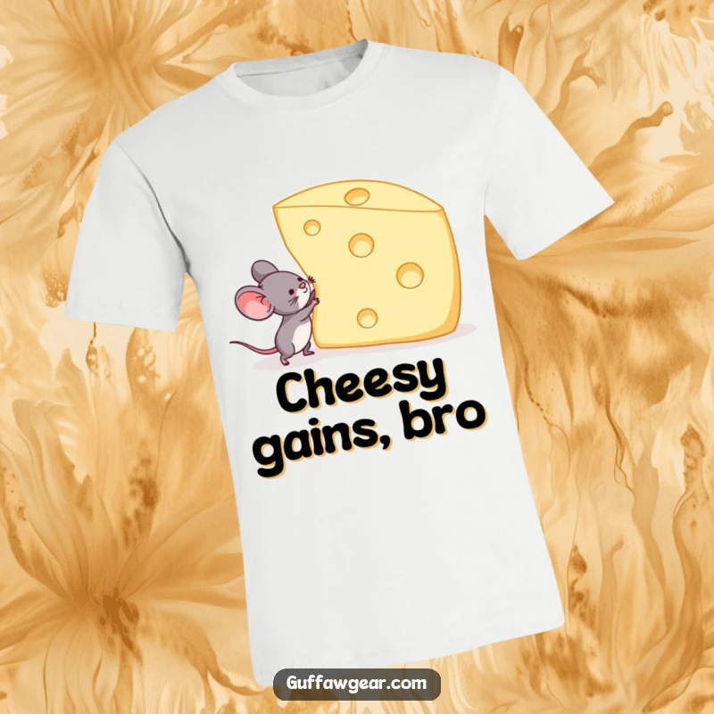 Funny t-shirt illustrating a small mouse attempting to lift a huge piece of Swiss cheese, representing perseverance and comical effort.