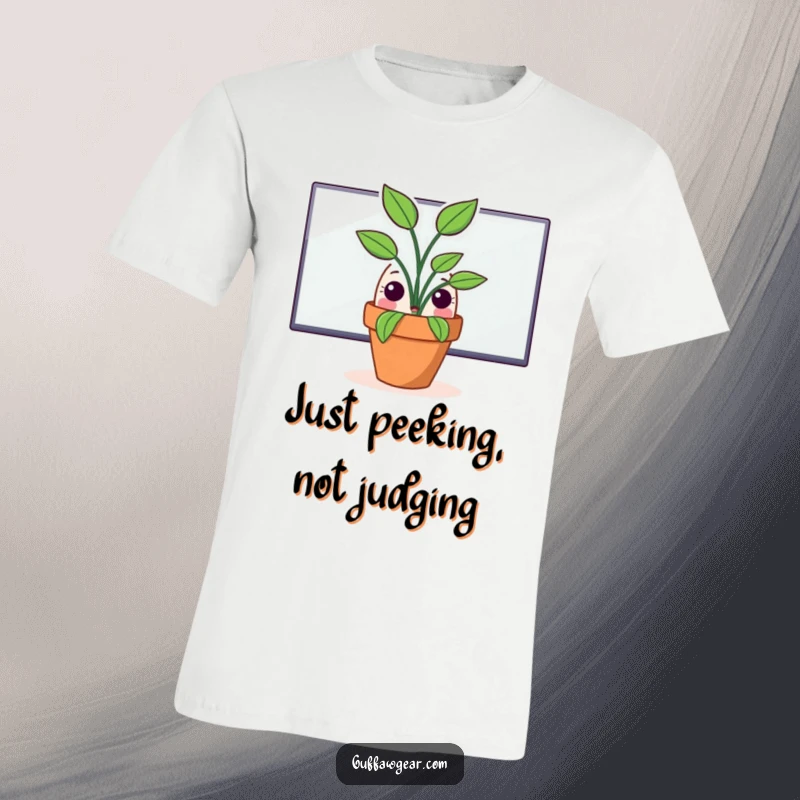Funny t-shirt with a surprised potted plant character peeking from behind a large computer monitor, conveying subtle office amusement.