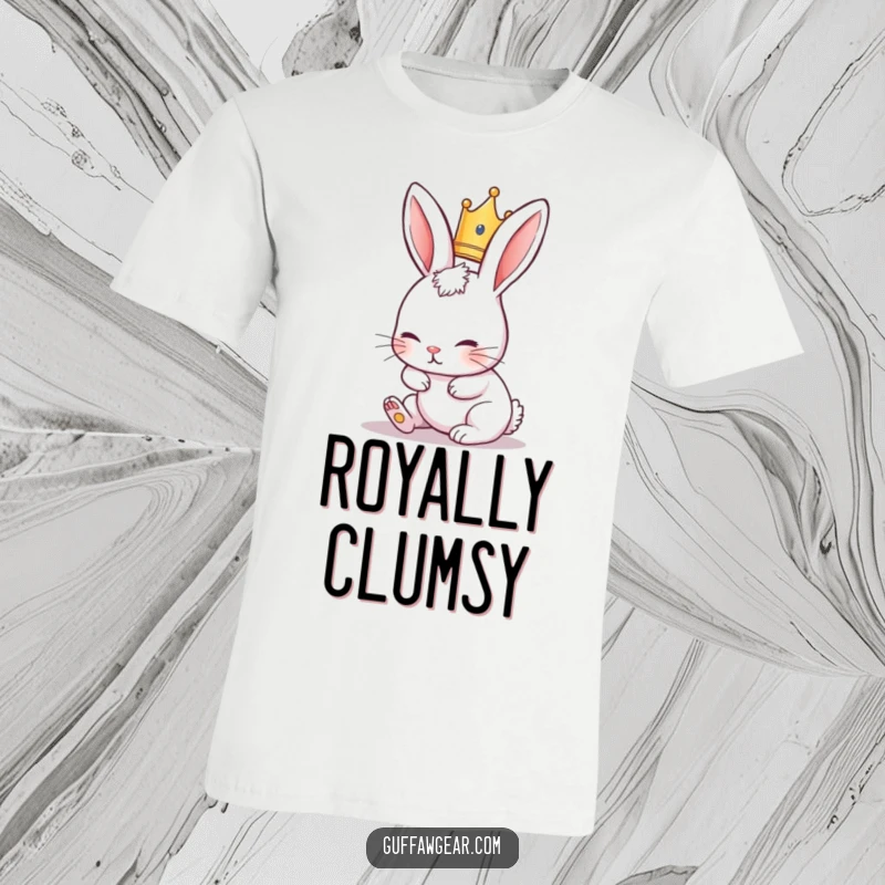 Funny Rabbit T-Shirt showing a cute rabbit in a tiny crown, comically tripping over its own ears.