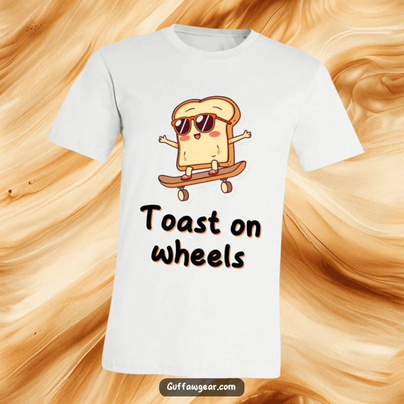 Funny t-shirt featuring a slice of toast wearing sunglasses, riding a skateboard, representing a cool, stylish, and humorous breakfast attitude.