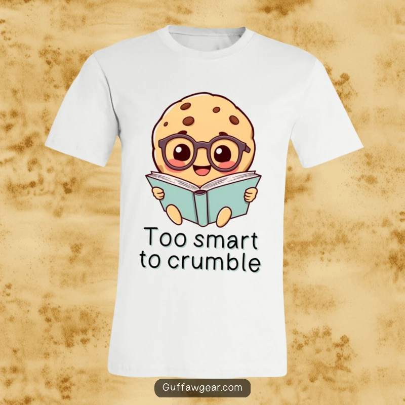 Funny smiling cookie character with small glasses intently reading a very large book, printed on a comfortable t-shirt.