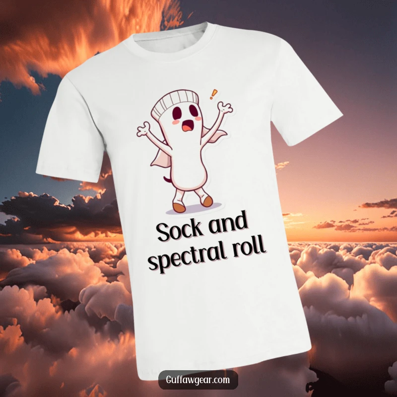 Funny t-shirt with a dancing sock character, a bewildered ghost popping out, and a playful, surprised expression, ideal for humor lovers.