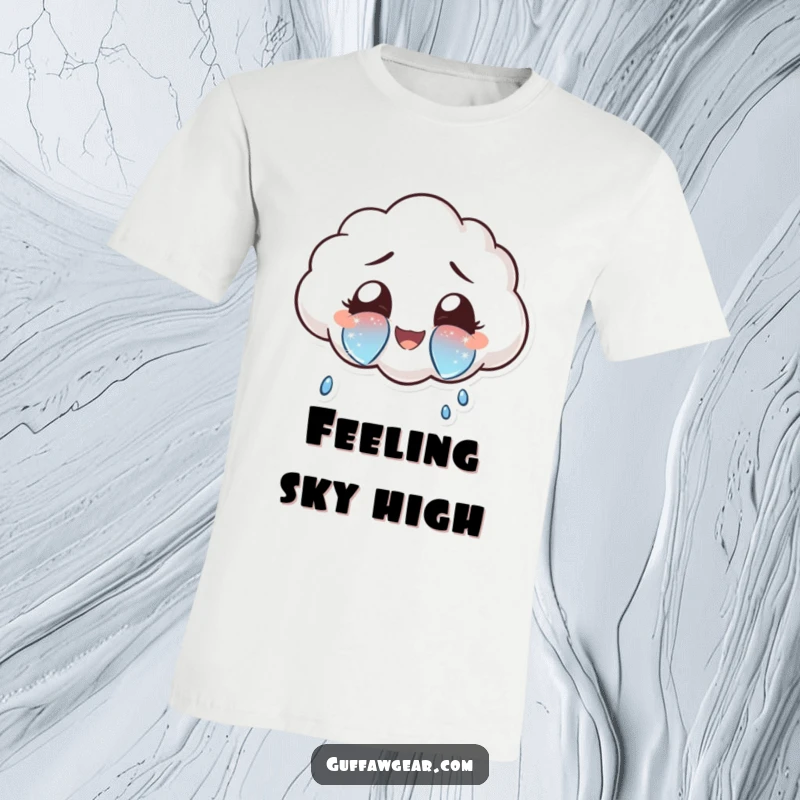 Funny cloud character shedding oversized, sparkly tears of joy on a t-shirt, conveying happiness and emotional beauty.