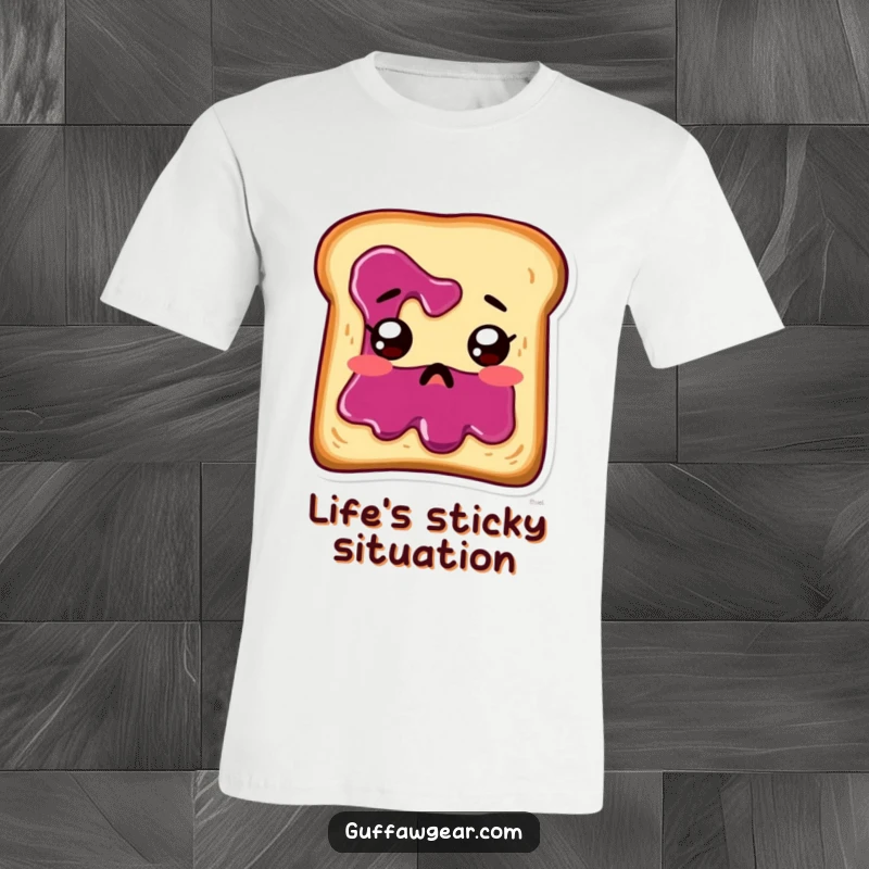 Funny toast with jam running down its face, looking startled, printed on a comfortable t-shirt.