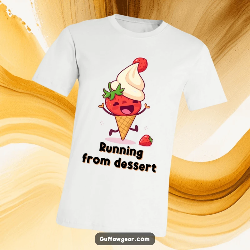 Funny t-shirt depicting a startled strawberry running away from a laughing ice cream cone, capturing a comical food chase and sweet dessert humor.