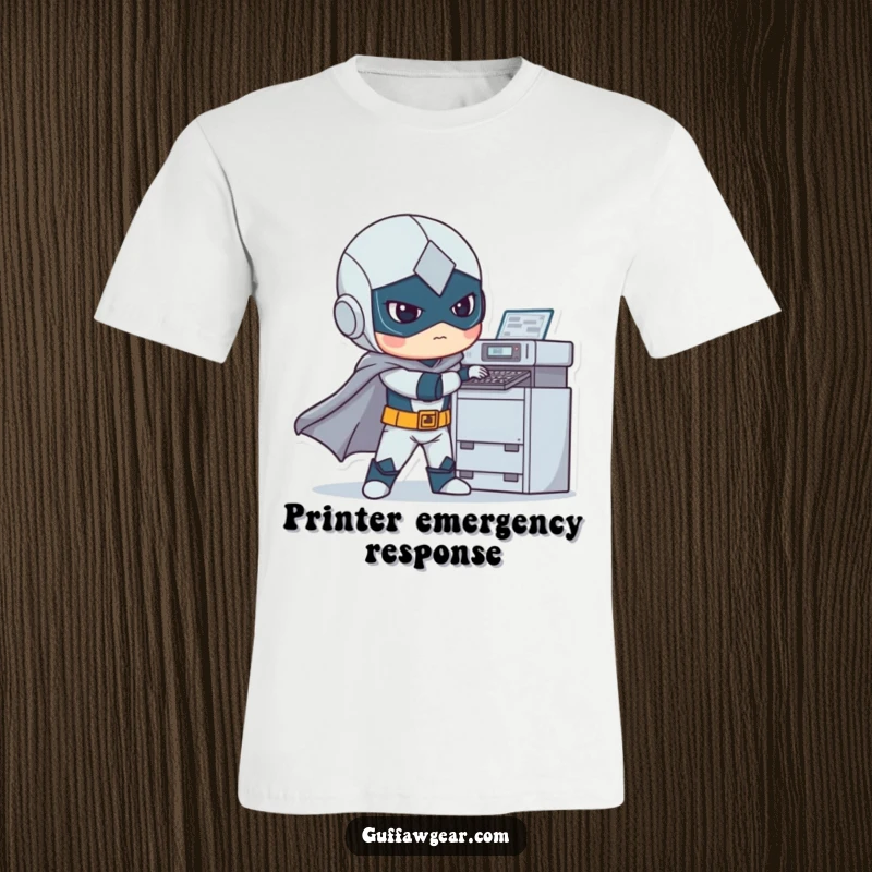 Funny t-shirt depicting a superhero awkwardly attempting to repair a malfunctioning printer, a humorous juxtaposition of power and technological frustration.