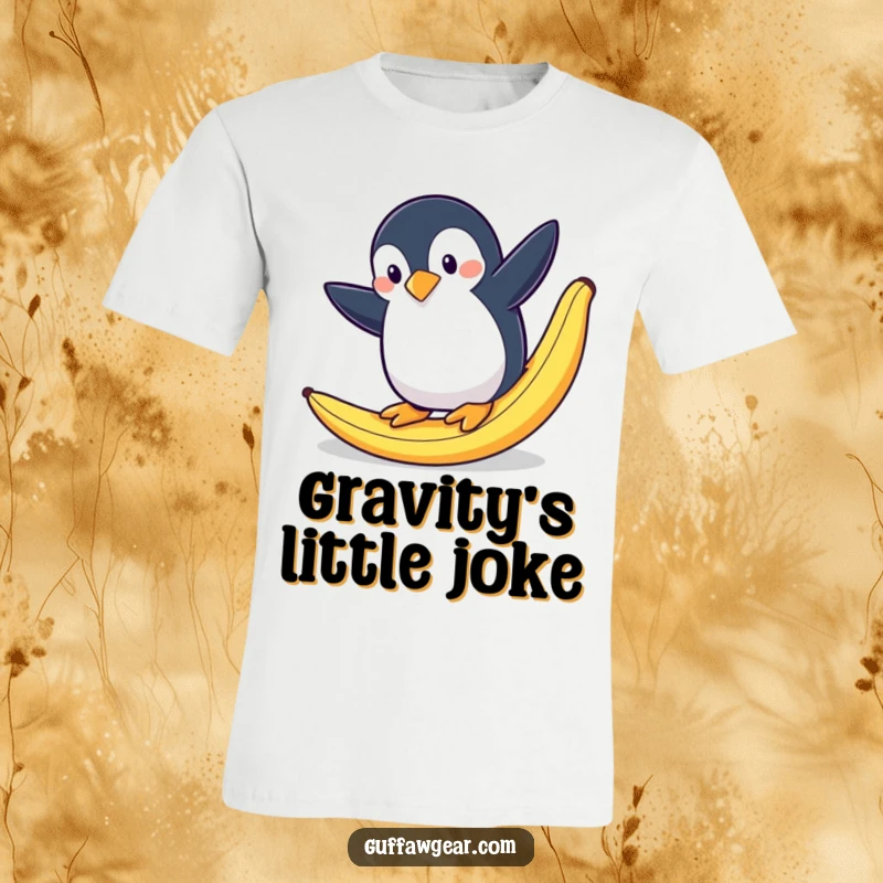 Funny t-shirt featuring a penguin dramatically slipping and flailing after stepping on a banana peel.