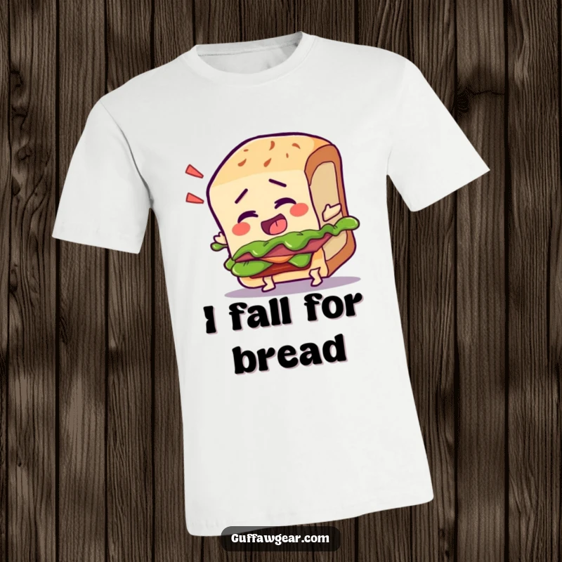 Funny t-shirt featuring a talking sandwich character dramatically tripping over its crust, showcasing food-related slapstick humor.