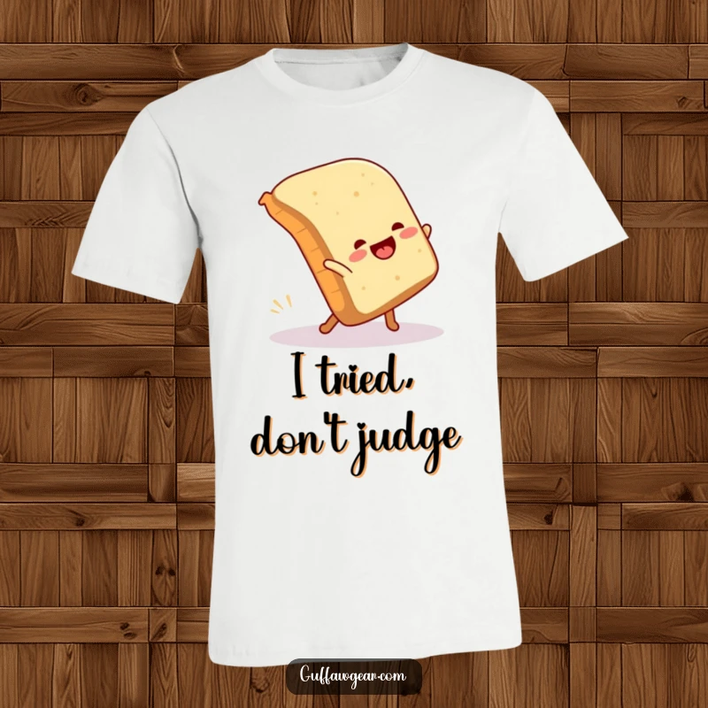 Funny t-shirt depicting a joyful loaf of bread attempting a cartwheel and hilariously losing its balance, a comical disaster.
