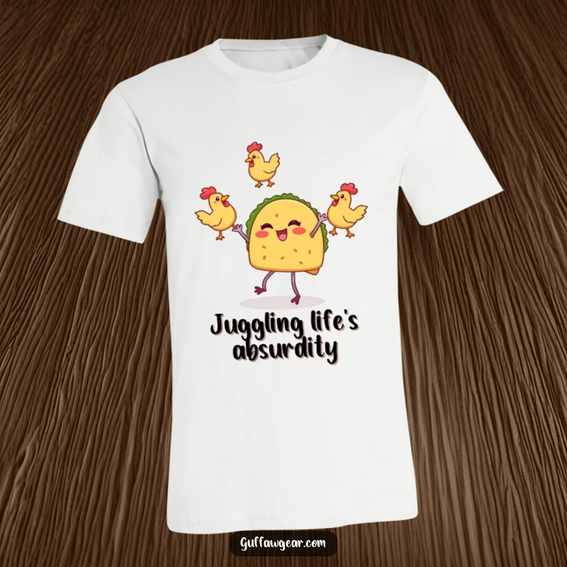 Funny t-shirt illustrating a festive taco character energetically juggling three bright rubber chickens, full of zest.