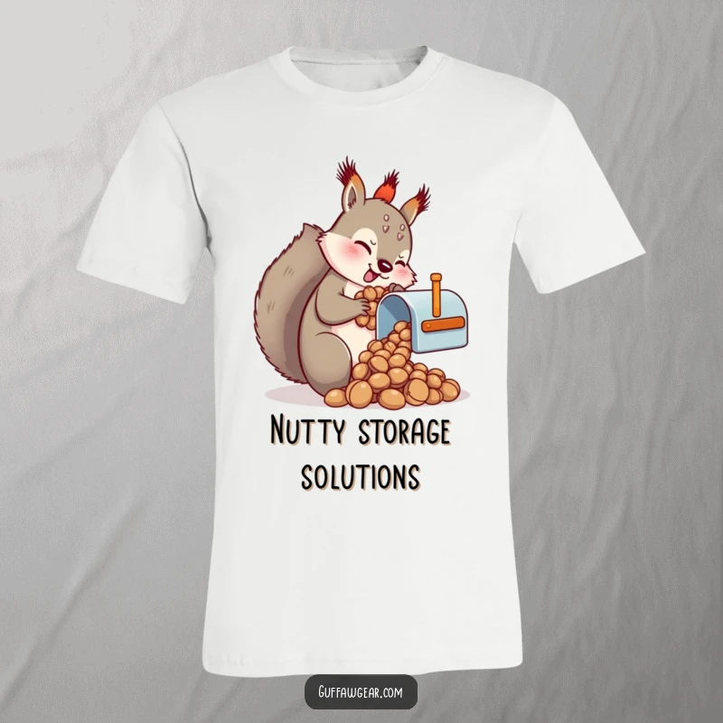 Funny Squirrel T-Shirt: A comical squirrel frantically tries to fit many nuts into a minuscule mailbox.