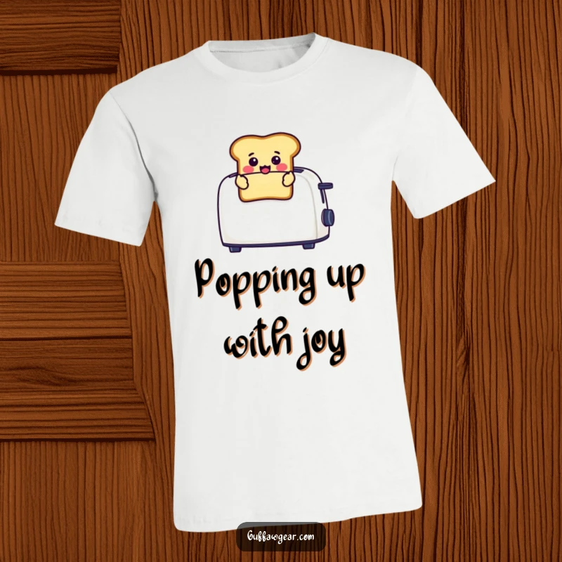 Funny t-shirt illustration of a happy toast character unexpectedly popping out of a toaster, sporting a surprised face.