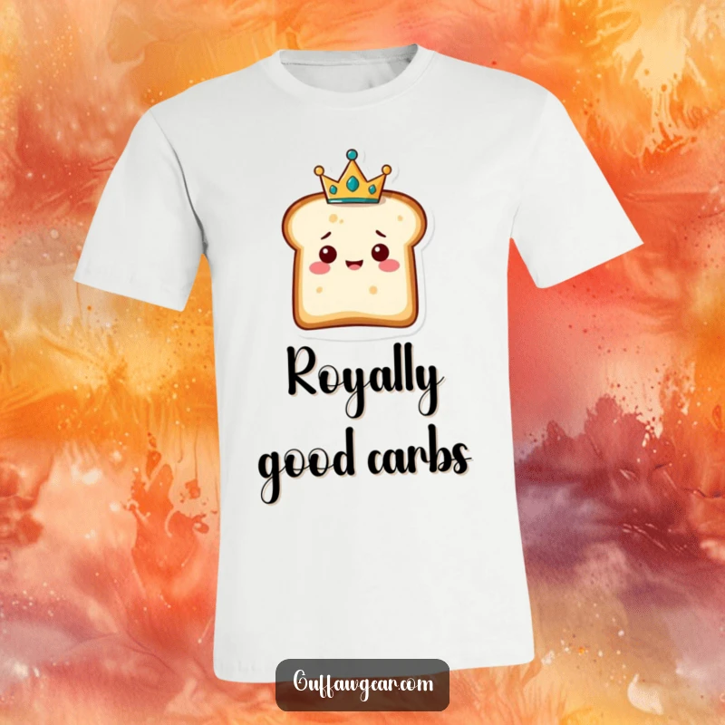 Funny t-shirt depicting a happy slice of bread character wearing a tiny crown, symbolizing breakfast royalty and cheerful charm.