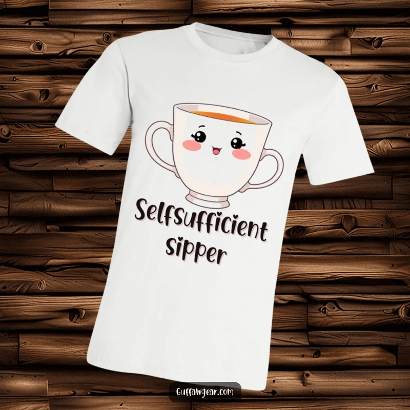 Funny t-shirt graphic of a teacup with a cute face, adorably and unsuccessfully trying to sip from its own handle, a humorous visual.