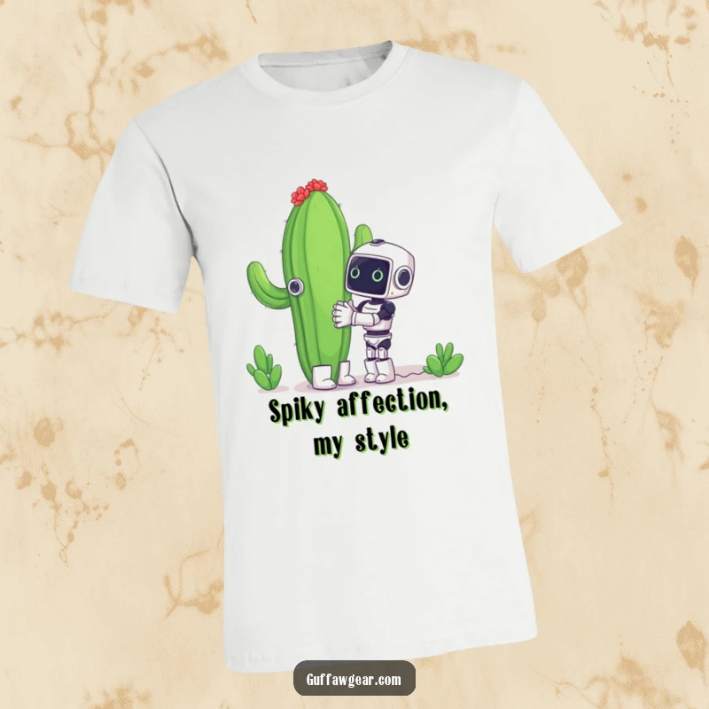 Funny t-shirt with a small, determined robot attempting to hug a massive, spiky cactus, portraying a comical and endearing struggle.
