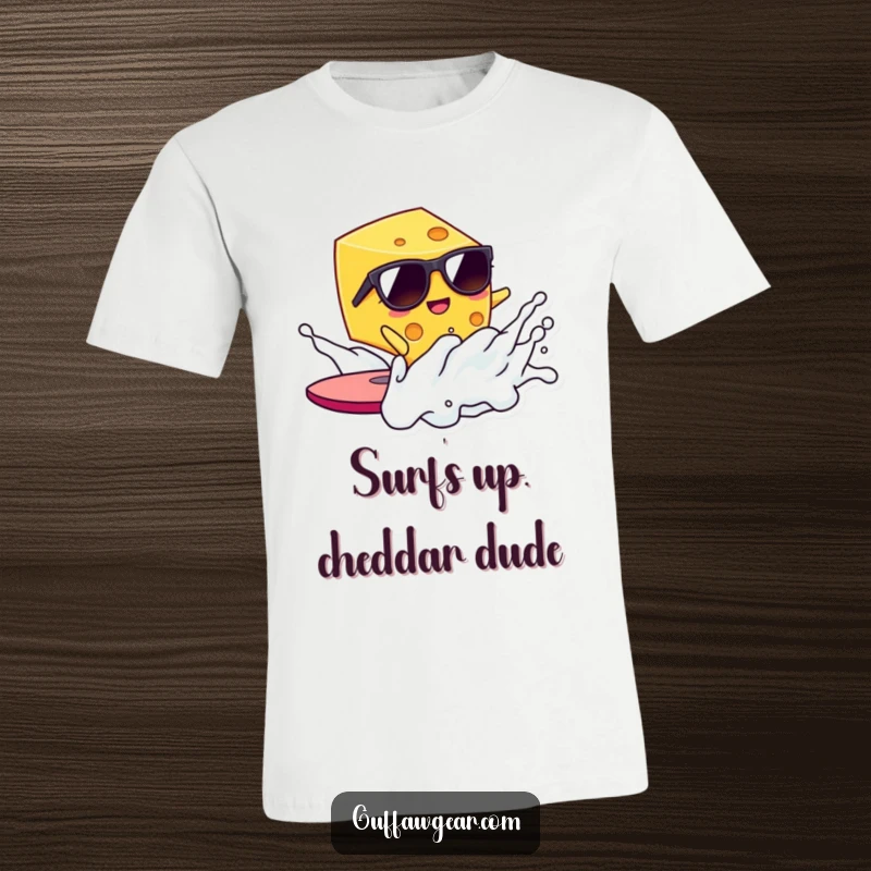 Funny Kawaii cheese in sunglasses surfs a milk wave, a comical beach-themed graphic tee for a humorous present.