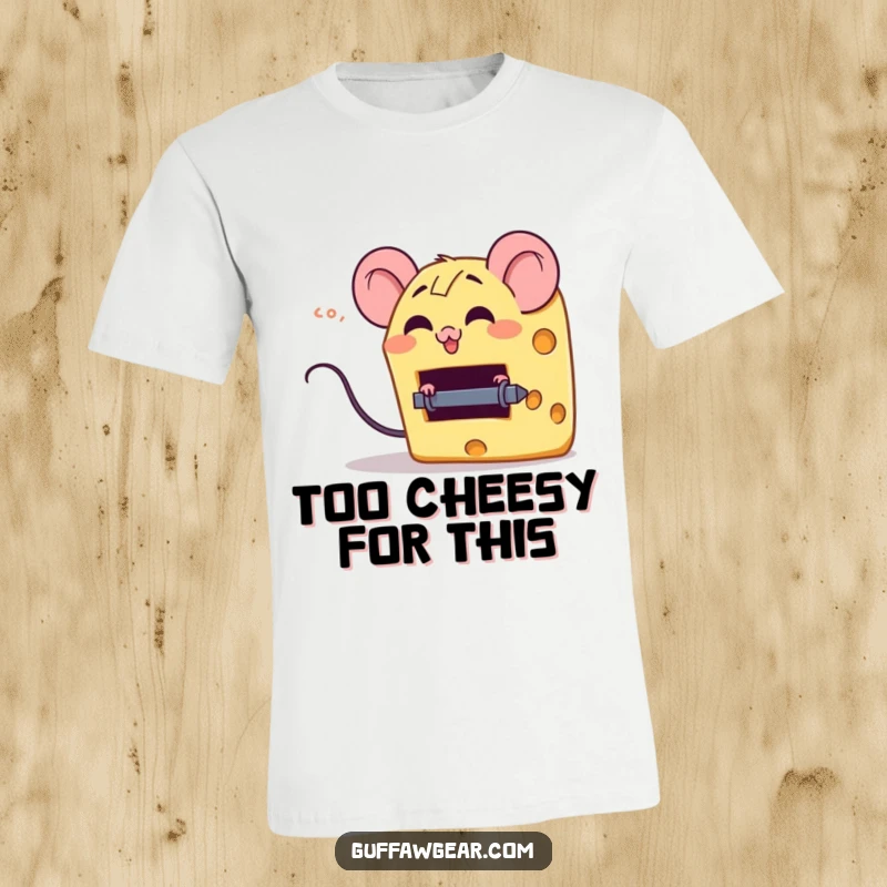 Funny t-shirt depicting a giggling cheese wedge character comically trying to escape a tiny mouse trap, showing playful mischief.