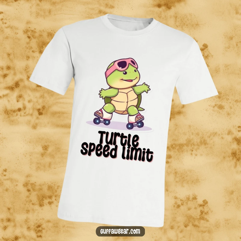 Funny Turtle Roller Skate T-Shirt: A turtle comically slides uncontrollably while trying to wear roller skates, depicting hilarious motion.